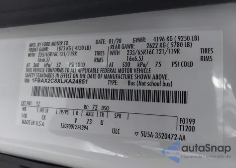 2020 Ford Transit-350 Passenger Van Xlt from USA, damaged, VIN 1FBAX2C8XLKA24851